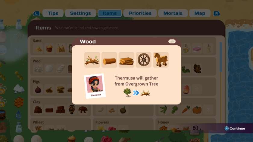 The item catalogue, showing the different resources. The merging path for wood is selected. Published on LadiesGamers