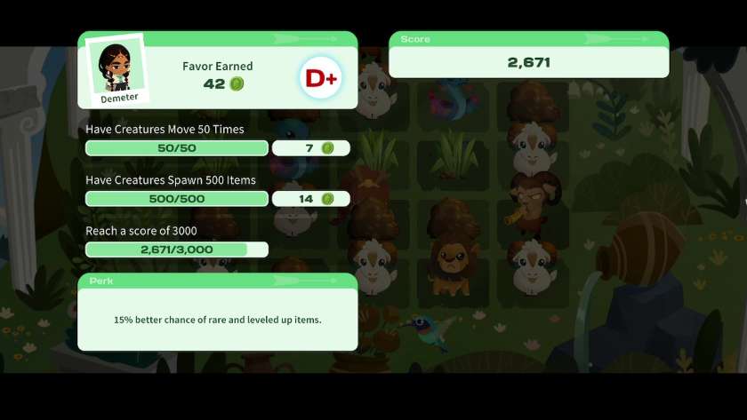 Scorecard from Demeter's Garden mini-game, showing the three challenges. Published on LadiesGamers