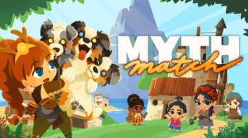 Promotional image for Mythmatch with Artemis carrying a three-headed dog, with a village and villagers in the background. Published on LadiesGamers