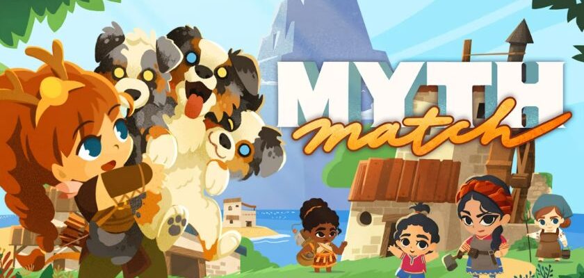 Promotional image for Mythmatch with Artemis carrying a three-headed dog, with a village and villagers in the background. Published on LadiesGamers