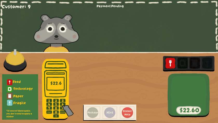 A customer waits while you ring up his package in Raccoon Packer.