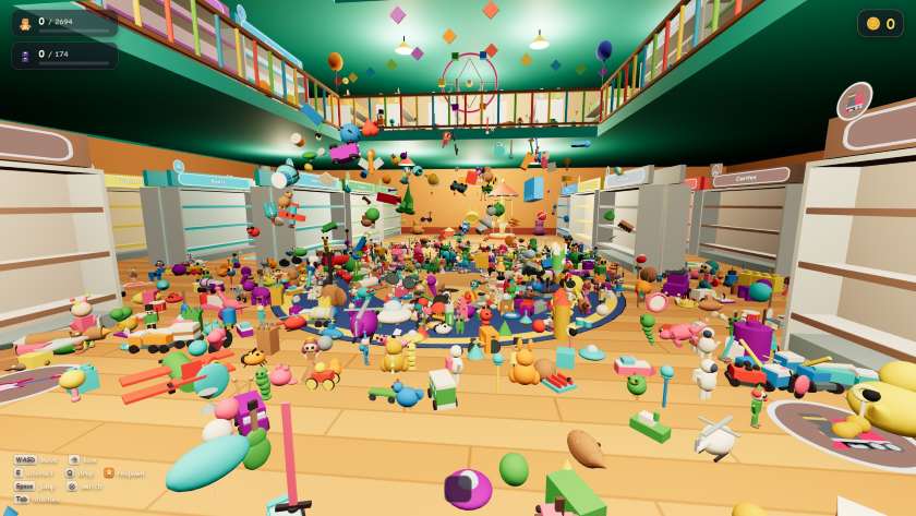 A huge selection of toys fall from the ceiling, scattering across the floor in Toy Keeper.