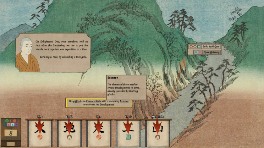 Worlds Upon The Wind tutorial, learning how to slot glyphs to their matching essence slots to build a Torii Gate.