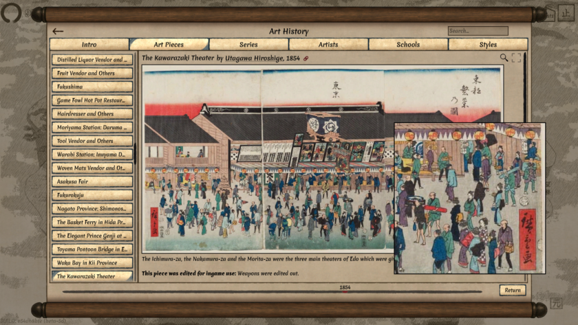 Art Viewer. The painting shown is "The Kawarazaki Theater" by Utagawa Hiroshige, 1854. You can even zoom in the painting to see the details more clearly. The piece was edited for ingame use: Weapons were edited out.