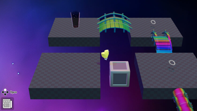 a chick jumping on a box on a dark purple background