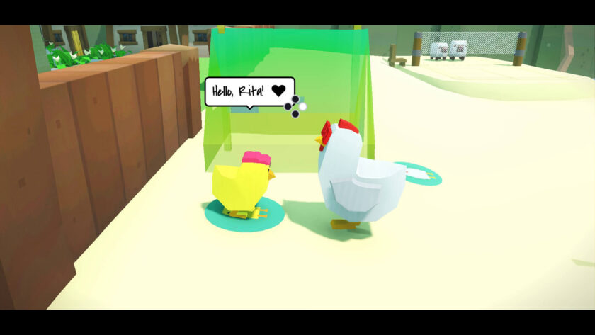 a chick and a chicken on the beach with a speech bubble "Hello, Rita"