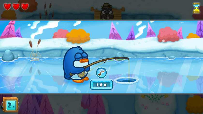 A sleeping, fishing penguin in Ice Pond