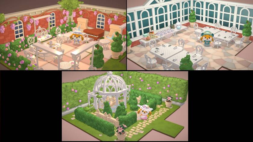 Photomontage of 3 different visitor cabins using the Tea Garden DLC furniture. Published on LadiesGamers