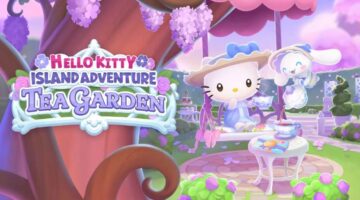 Promotional image for Hello Kitty Island Adventure – Tea Garden DLC showing Hello Kitty in a blue regency dress, drinking tea on a swinging chair. Cinnamoroll is pouring tea from a white china teapot. In the background is a rose hedge and topiary trees. Published on LadiesGamers.