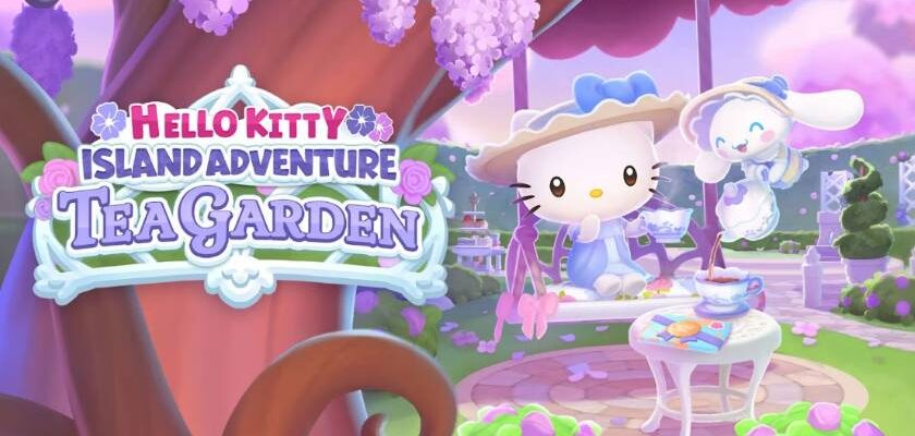 Promotional image for Hello Kitty Island Adventure – Tea Garden DLC showing Hello Kitty in a blue regency dress, drinking tea on a swinging chair. Cinnamoroll is pouring tea from a white china teapot. In the background is a rose hedge and topiary trees. Published on LadiesGamers.