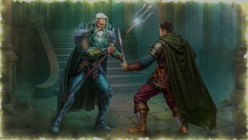 Two men battle in a dramatic setting with a sword and a trident during the opening cut scene of Hunter's Journey: Nightmare Hunting Collector's Edition.