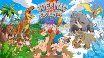 The key art and logo for Joe & Mac Retro Collection showing dinosaurs and cavemen. Published on LadiesGamers.