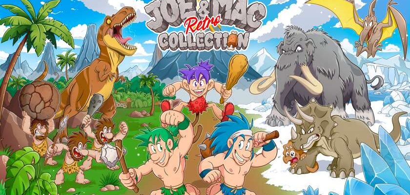 The key art and logo for Joe & Mac Retro Collection showing dinosaurs and cavemen. Published on LadiesGamers.