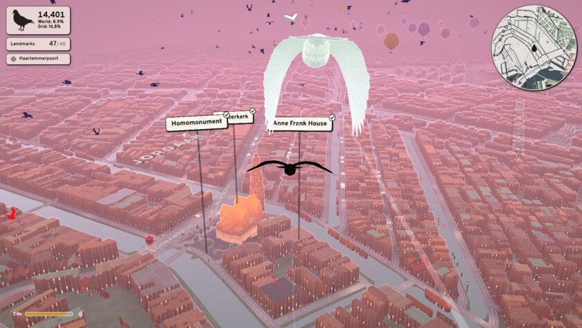 Pigeon: A Love Story flying over Amsterdam, discovering the landmarks of: Anne Frank House and other museums. 