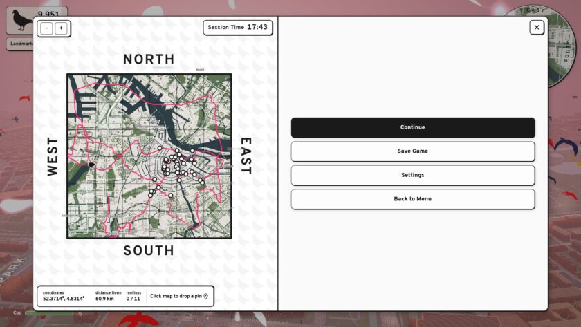 Pigeon: A Love Story menu map showing your flight path and the landmarks you have discovered.