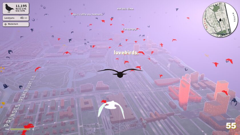 Pigeon: A Love Story game showing the two lovebirds frlying together across Amsterdam. They are being called "lovebirds" by the other pigeons in the game
