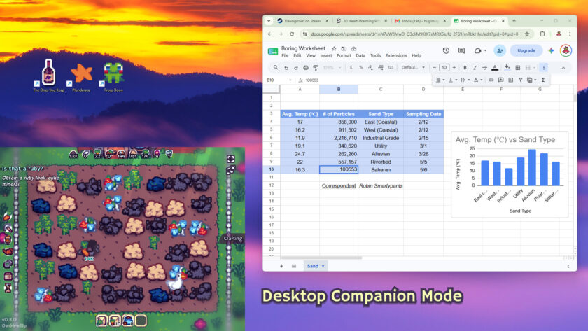 Screenshots of Quackyard, the Desktop Companion mode, from the Steam page.
