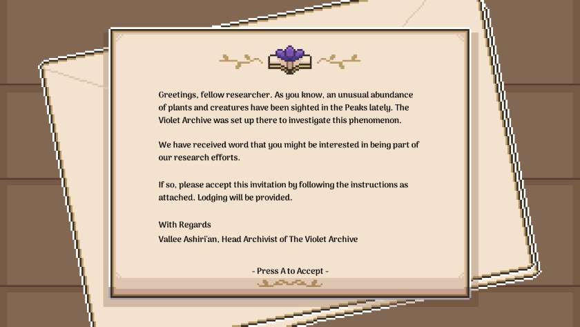 Letter from Vallee, inviting you to The Violet Archive. Published on LadiesGamers