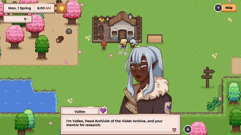 Vallee introducing herself as head of the Violet Archive and your mentor. The pixelated character is expanded into a beautifully drawn portrait, which rests above the dialogue box. Published on LadiesGamers