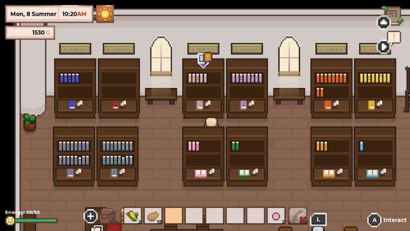 The bookcases in the Violet Archive, with an arrow indicating something new to read. Published on LadiesGamers