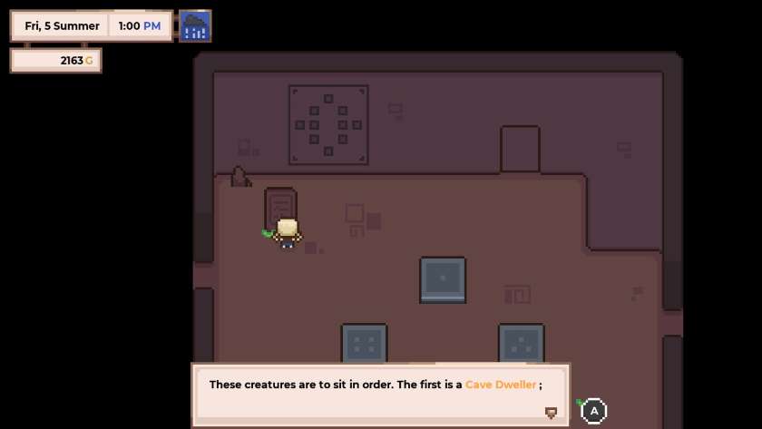 Inside a puzzle room. There is stone slab which reads: These creatures are to sit in order. The first is a cave dweller. Published on LadiesGamers