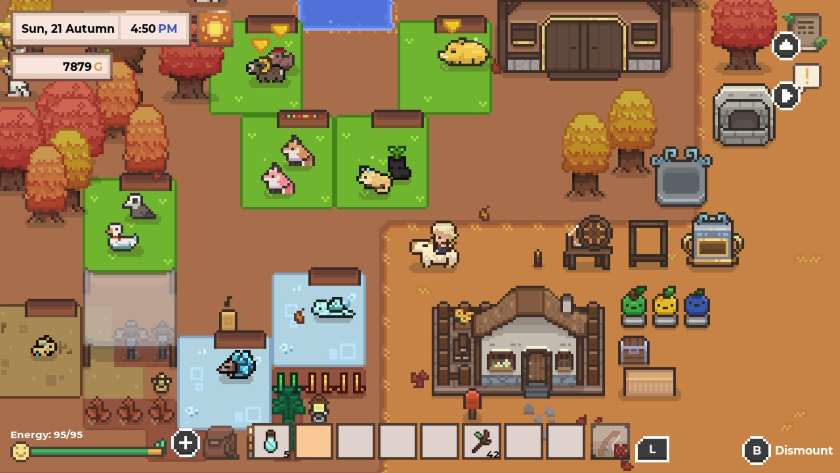 My character riding a mossybara on my Research Story farm, with various creature pens, buildings and crops. Published on LadiesGamers