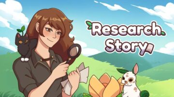 Promotional image for Research Story showing a woman holding a magnifying glass and some papers, with a cat-like creature on her shoulder and rabbit-like creature eating a yellow flower on the ground. Published on LadiesGamers.