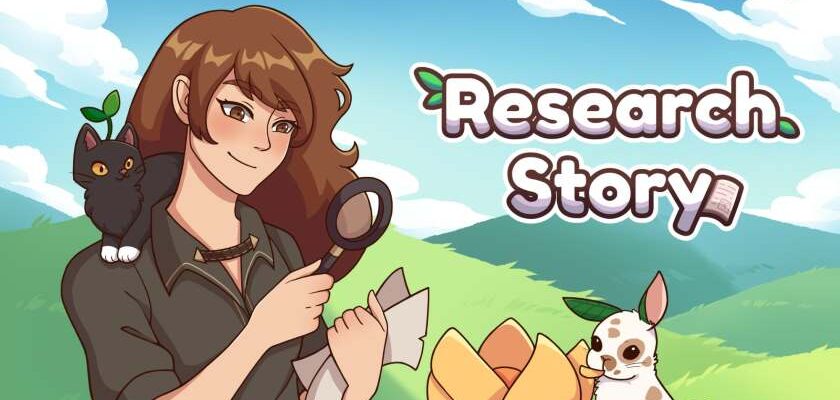 Promotional image for Research Story showing a woman holding a magnifying glass and some papers, with a cat-like creature on her shoulder and rabbit-like creature eating a yellow flower on the ground. Published on LadiesGamers.