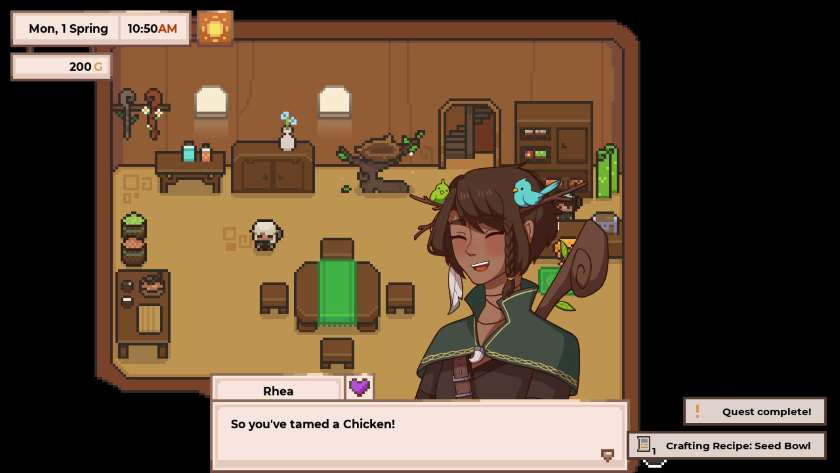 Rhea congratulating me on taming a chicken and gifting the seed bowl recipe. Published on LadiesGamers