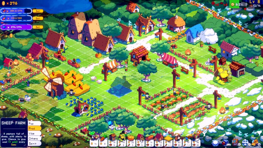 Spiritstead Adventure Mode capturing the Green Forest Biome. Village is decorated with houses, trees, markets, and crops.