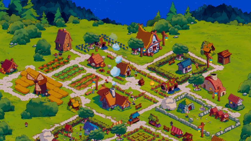 Spiritstead Creative Mode showing a full village on the Green Forest Biome. It contains houses, the town hall, crops, fences, bushes and trees.