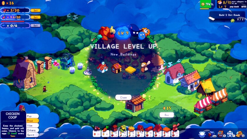 Spiritstead Adventure Mode. Showing the new 4 buildings that unlocked when leveling up to level 7.