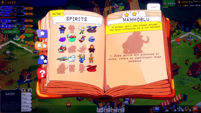 Spiritstead Adventure Mode, showing the Spirit Book. It shows 14 spirits unlocked and 6 spirits yet to discover. The hints that are shown are for Mammoblu spirit: 1. Some spirits are summoned by songs, others by suspiciously large barbecue.