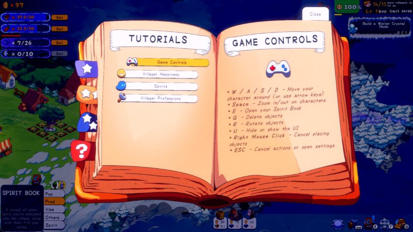 Spiritstead Book showing the tutorials and the game controls