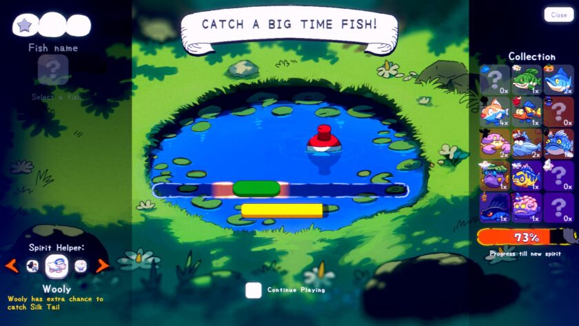 Spiritstead Adventure Mode fishing minigame. 11 fish have been discovered. 4 fish remaining to catch