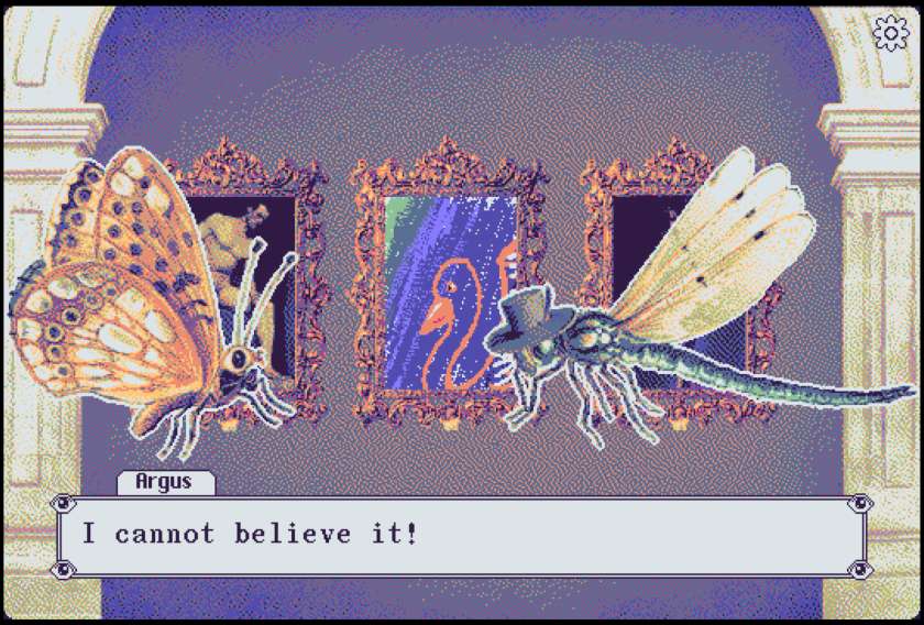 A dragonfly and a moth talk in front of some artwork in a museum in The Dreams in the Peacock House.