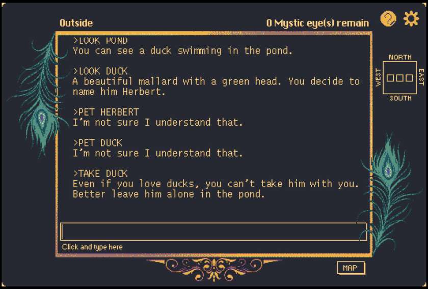 Part of the text adventure section of The Dreams in the Peacock House.