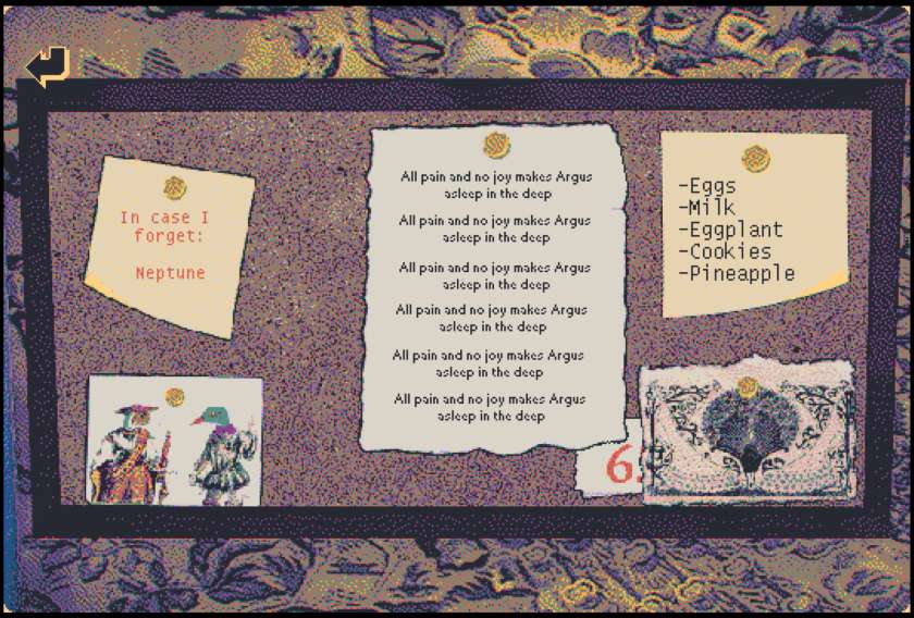 A cork board holds a bunch of different pieces of paper with different information on it Part of the text adventure section of The Dreams in the Peacock House.