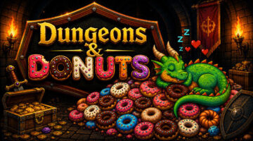 Dungeons & Donuts dragon on top of lots of donuts