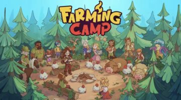 Key artwork for Farming Camp, showing students, teachers and animals around a campfire. Published on LadiesGamers.