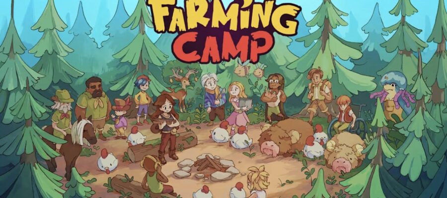 Key artwork for Farming Camp, showing students, teachers and animals around a campfire. Published on LadiesGamers.
