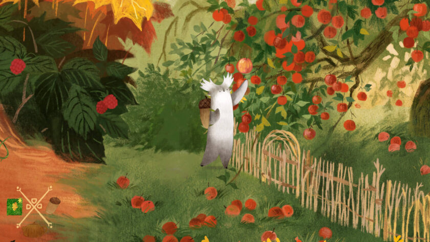 Tukoni picking apples in a garden