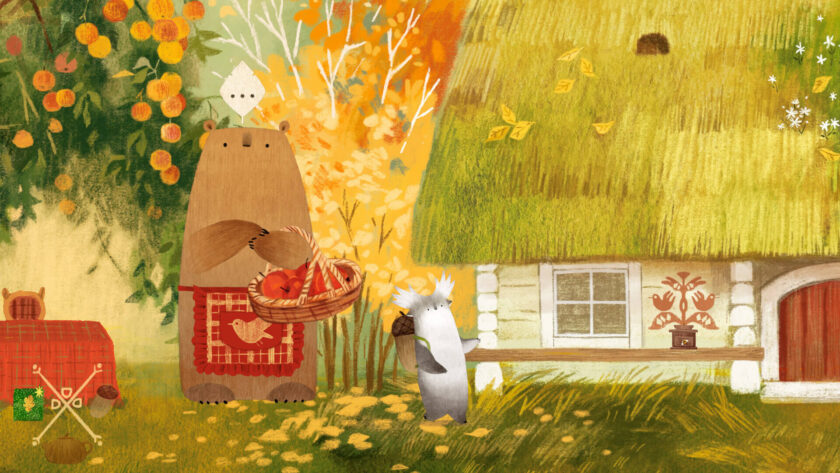 a tukoni and a bear in a garden next to a house