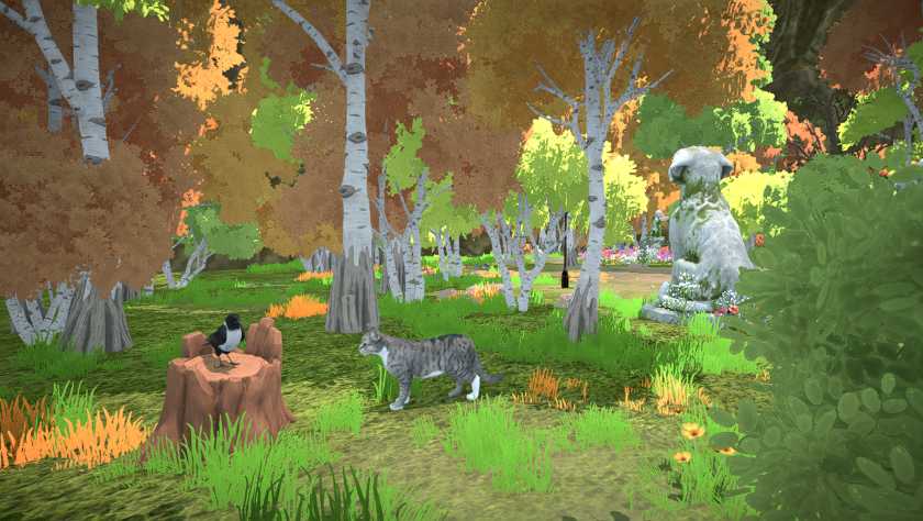 A bird on a tree stump and a cat in The Lost Paws