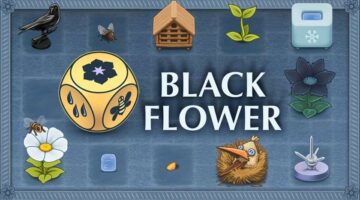 Key art for Black Flower showing various icons from the game, and a large yellow dice. Published on LadiesGamers.