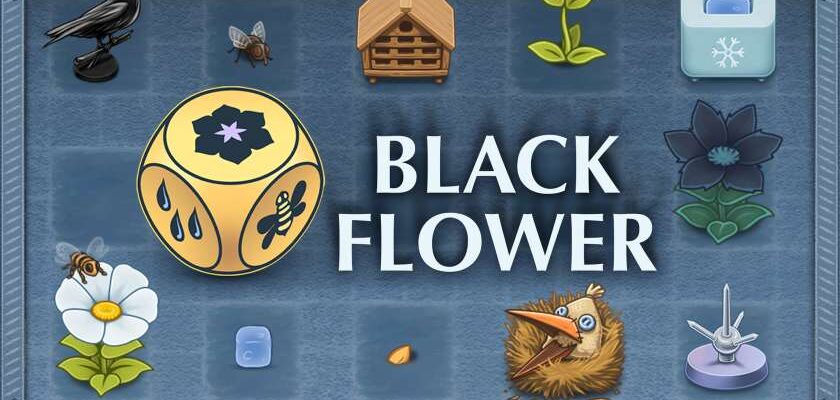 Key art for Black Flower showing various icons from the game, and a large yellow dice. Published on LadiesGamers.