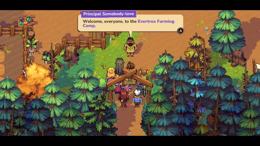 Group of teenagers standing at the gateway to the summer camp with Principal Somebody-love welcoming everyone to the Evertree Farming Camp. Published on LadiesGamers