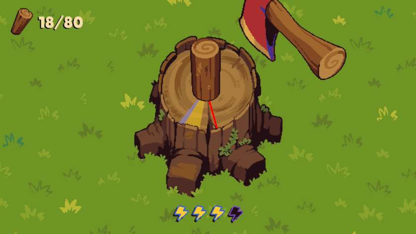 Chopping-wood mini-game, showing a log, a highlighted segment, and an axe poised to chop. Published on LadiesGamers