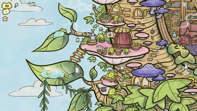 Find My Frogs: Branches photo of frogs taking a hot bath in the tree's leaves, and other frogs coexisting
