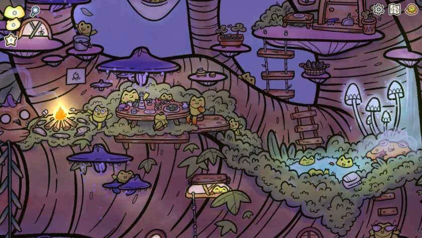 Find My Frogs: Branches showcasing frogs, toads and owls coewisting in the ancient tree at night
